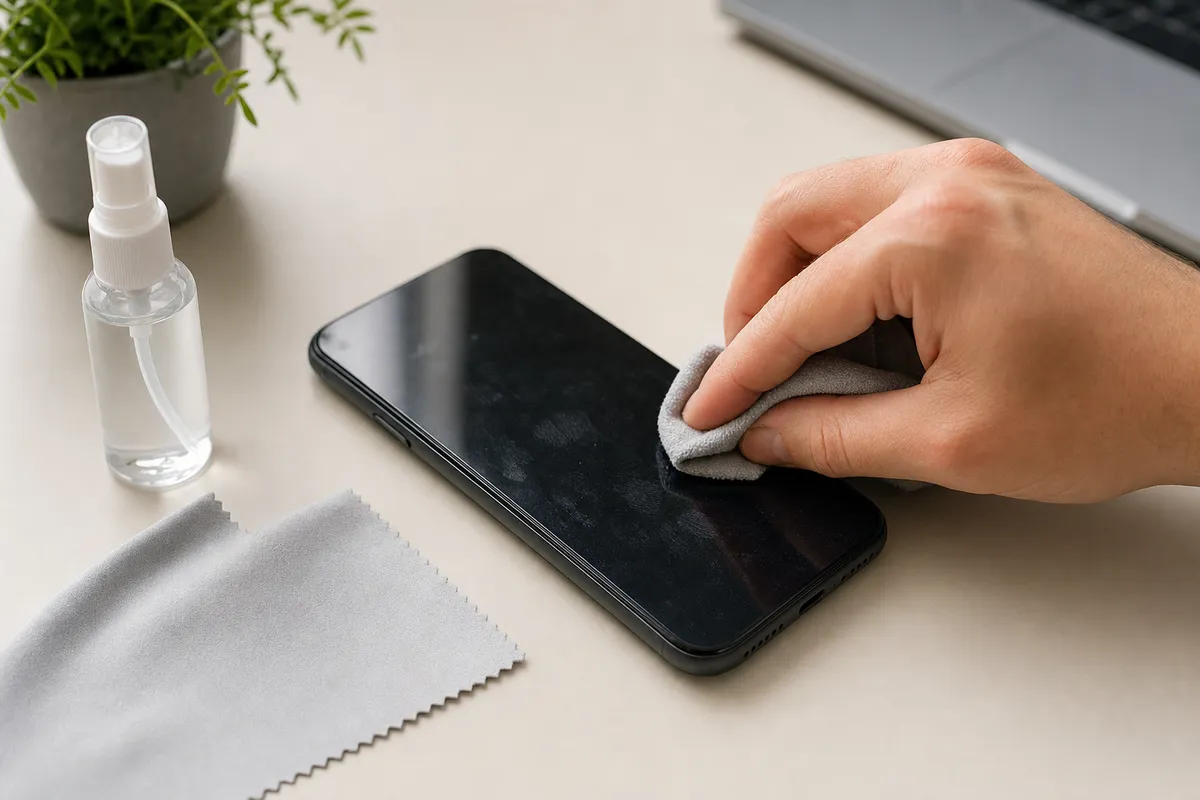 Mano che pulisce con un panno in microfibra lo schermo spento di uno smartphone con impronte su una scrivania