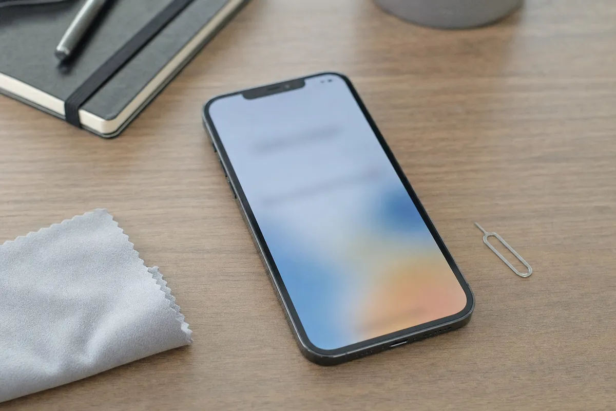 Smartphone su scrivania in legno con schermo sfocato, panno in microfibra, taccuino e graffetta per SIM