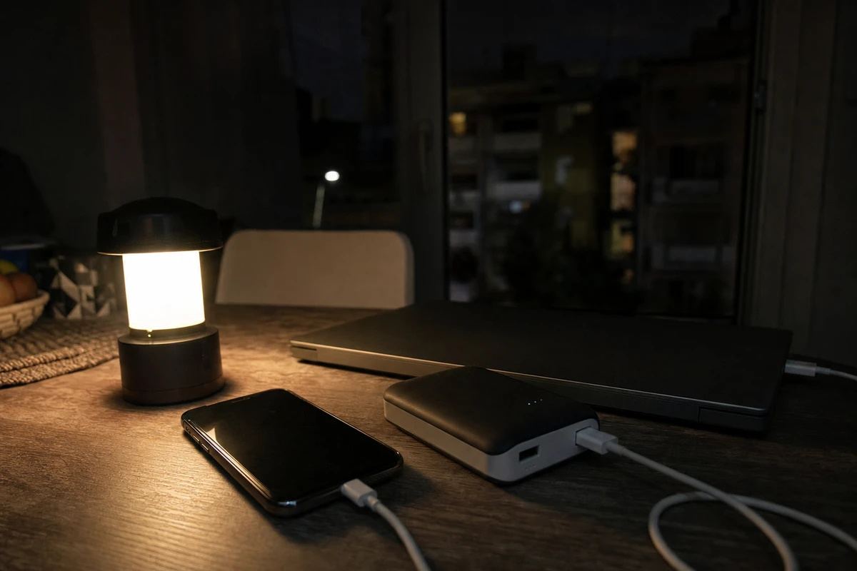 Smartphone in ricarica collegato a un power bank su un tavolo, con lanterna accesa e laptop sullo sfondo