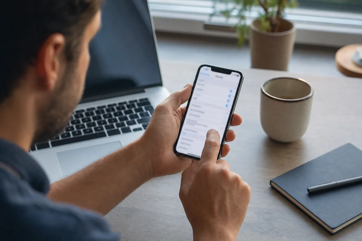 Persona al computer che modifica le impostazioni email su smartphone, con tazza e quaderno sulla scrivania