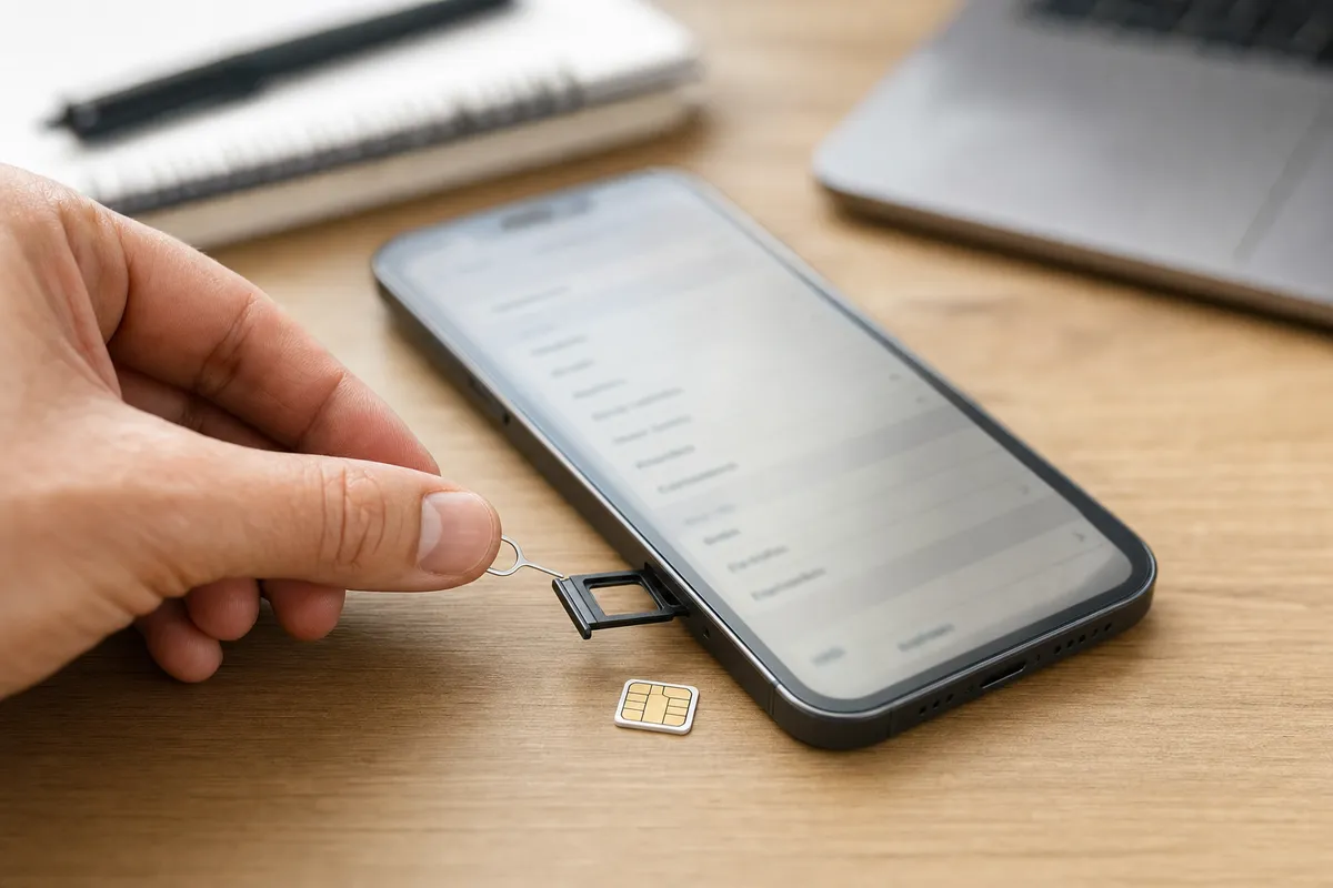 Mano con graffetta estrae il carrellino SIM da uno smartphone su scrivania, con nano-SIM accanto