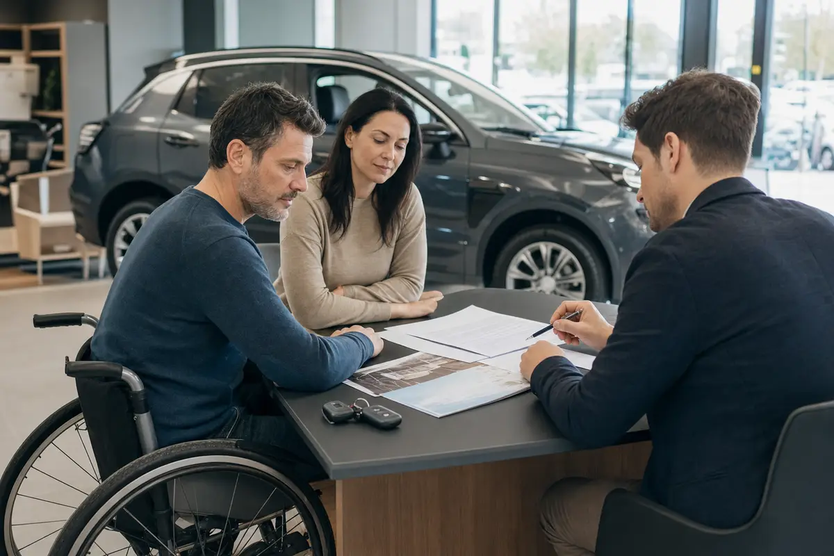 Persona in sedia a rotelle e familiare in concessionaria, consulente mostra documenti con auto grigia sullo sfondo