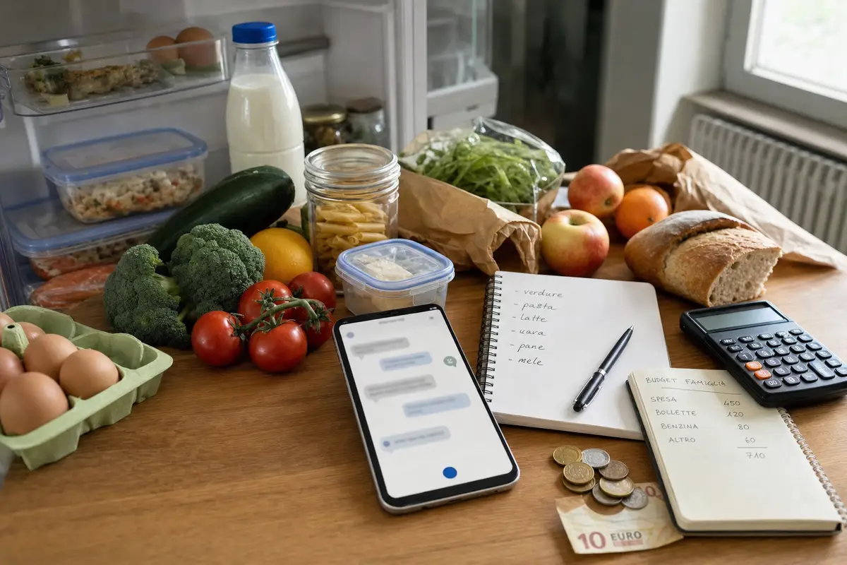 Spesa in cucina con smartphone, lista della spesa, calcolatrice e monete per pianificare il budget familiare