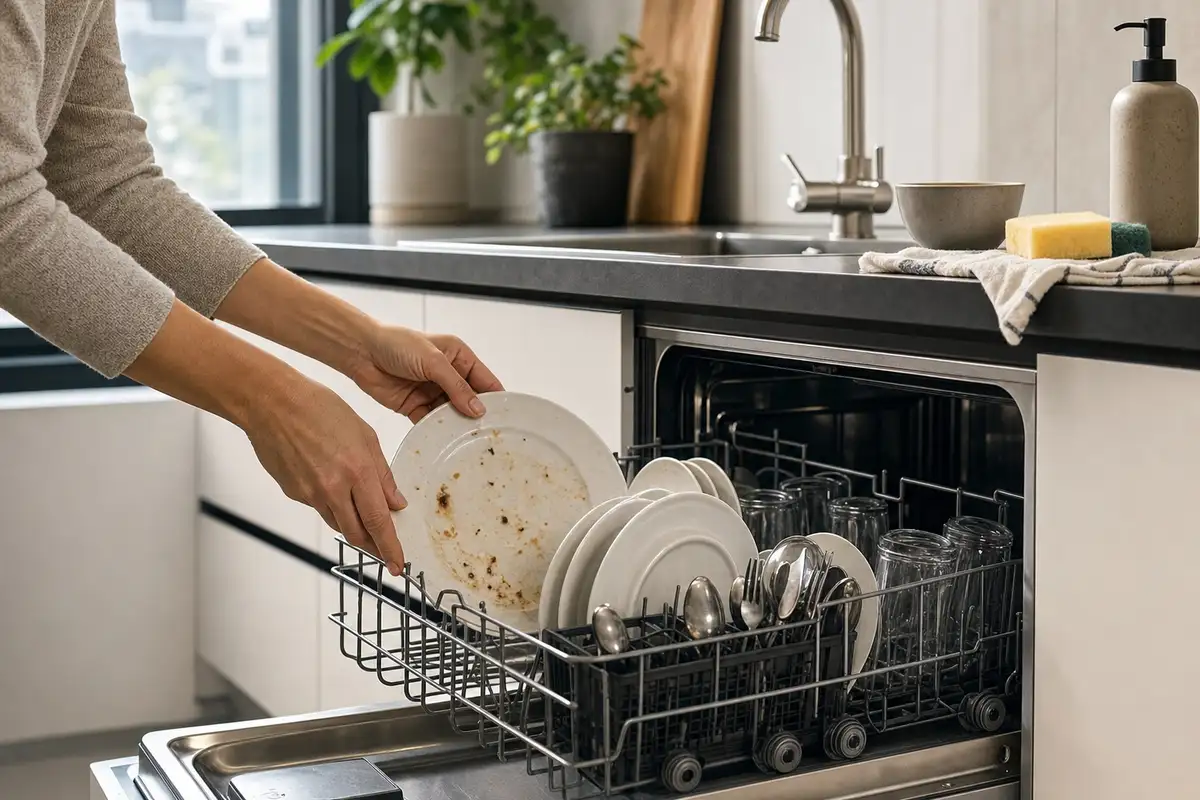 Mani che caricano un piatto sporco nella lavastoviglie aperta, con lavello e rubinetto spenti sullo sfondo