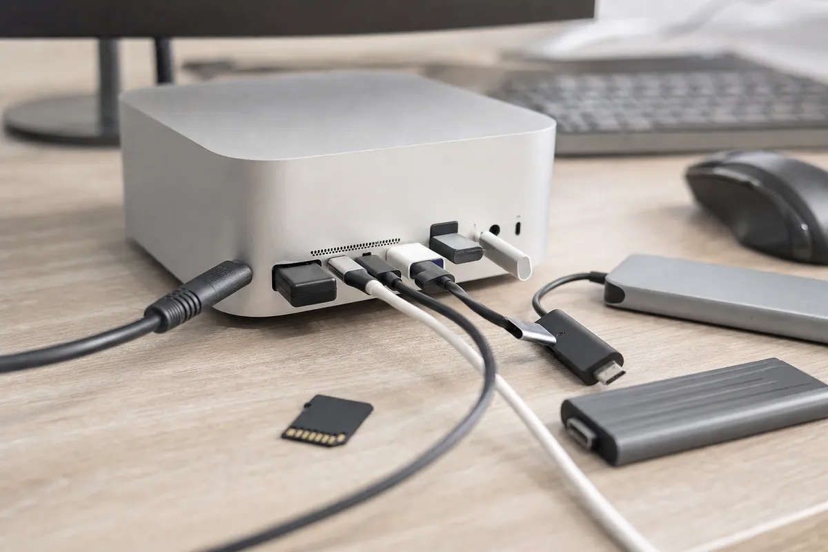 Mini computer da scrivania con vari adattatori USB e cavi collegati, con scheda SD e unità esterne sul tavolo