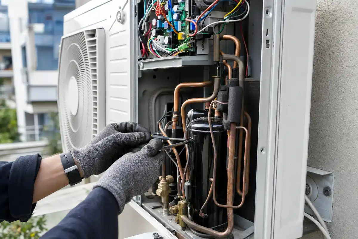 Tecnico con guanti controlla compressore e tubi in rame in un’unità esterna di condizionatore aperta