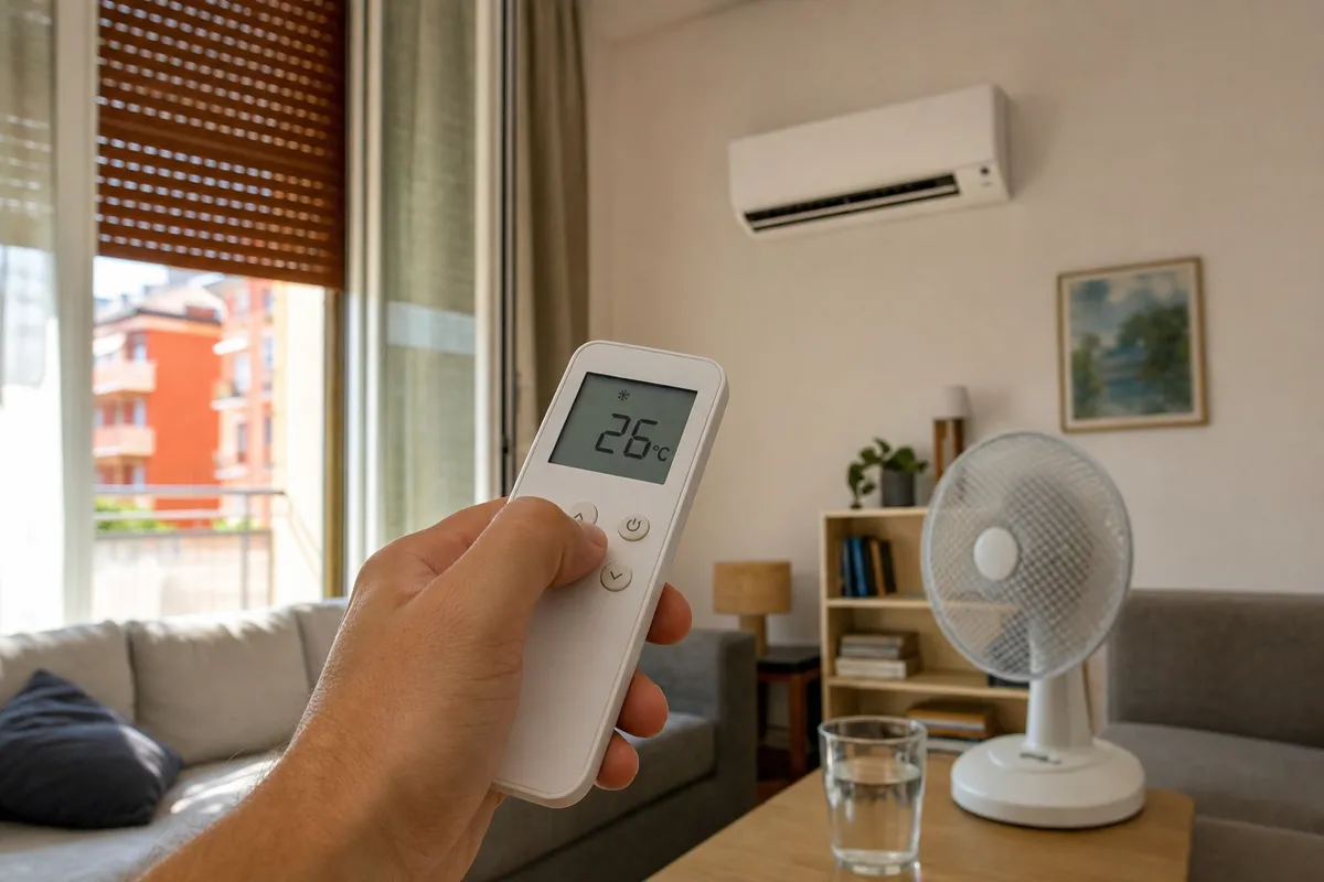 Mano con telecomando del condizionatore impostato a 26°C in soggiorno, con split a parete e ventilatore sullo sfondo
