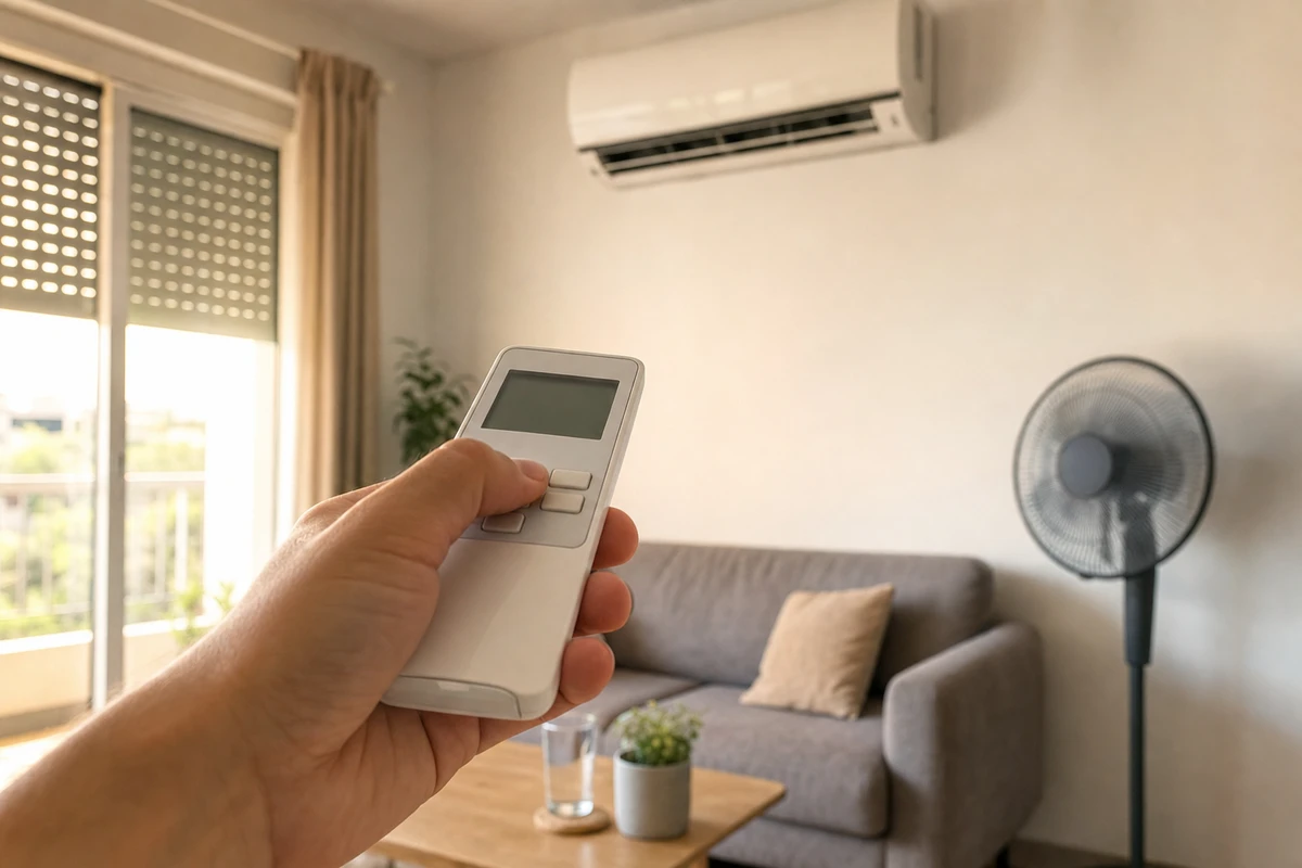 Mano con telecomando del condizionatore puntato verso uno split a parete in salotto con divano e ventilatore