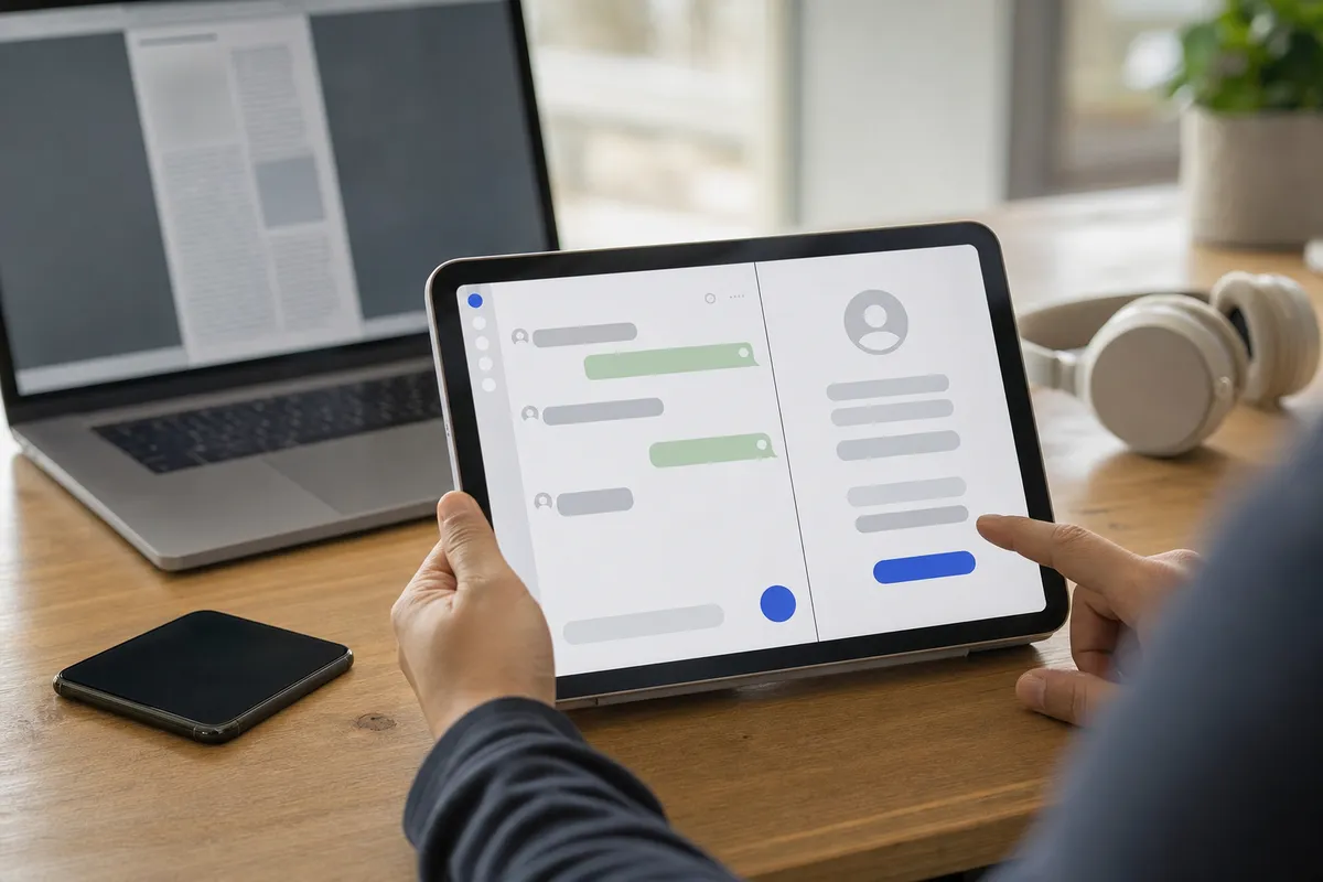 Persona configura un’app di chat su un tablet, con smartphone sul tavolo e laptop con documento sullo sfondo