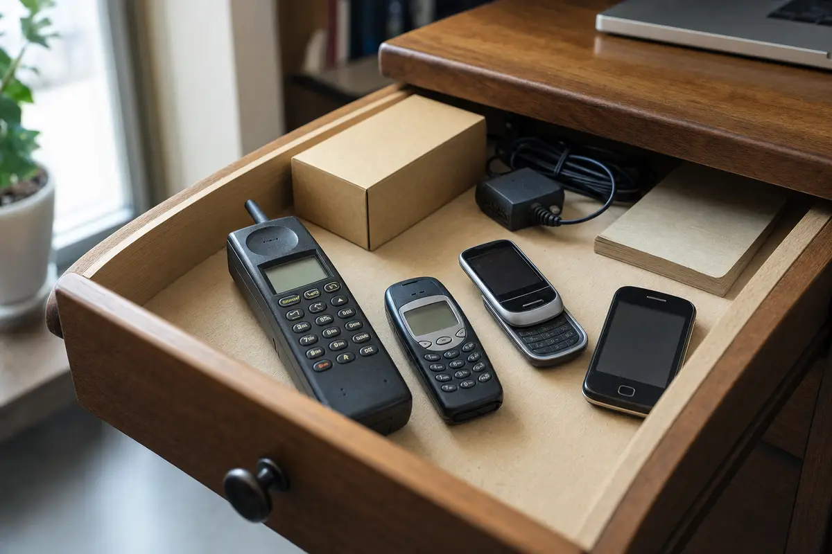 Cassetto aperto con quattro vecchi cellulari, una scatola di cartone e un caricatore su una scrivania