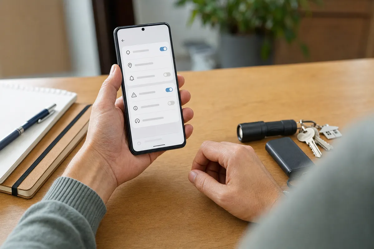 Mano che tiene uno smartphone con interruttori nelle impostazioni, su scrivania con quaderno, torcia e chiavi