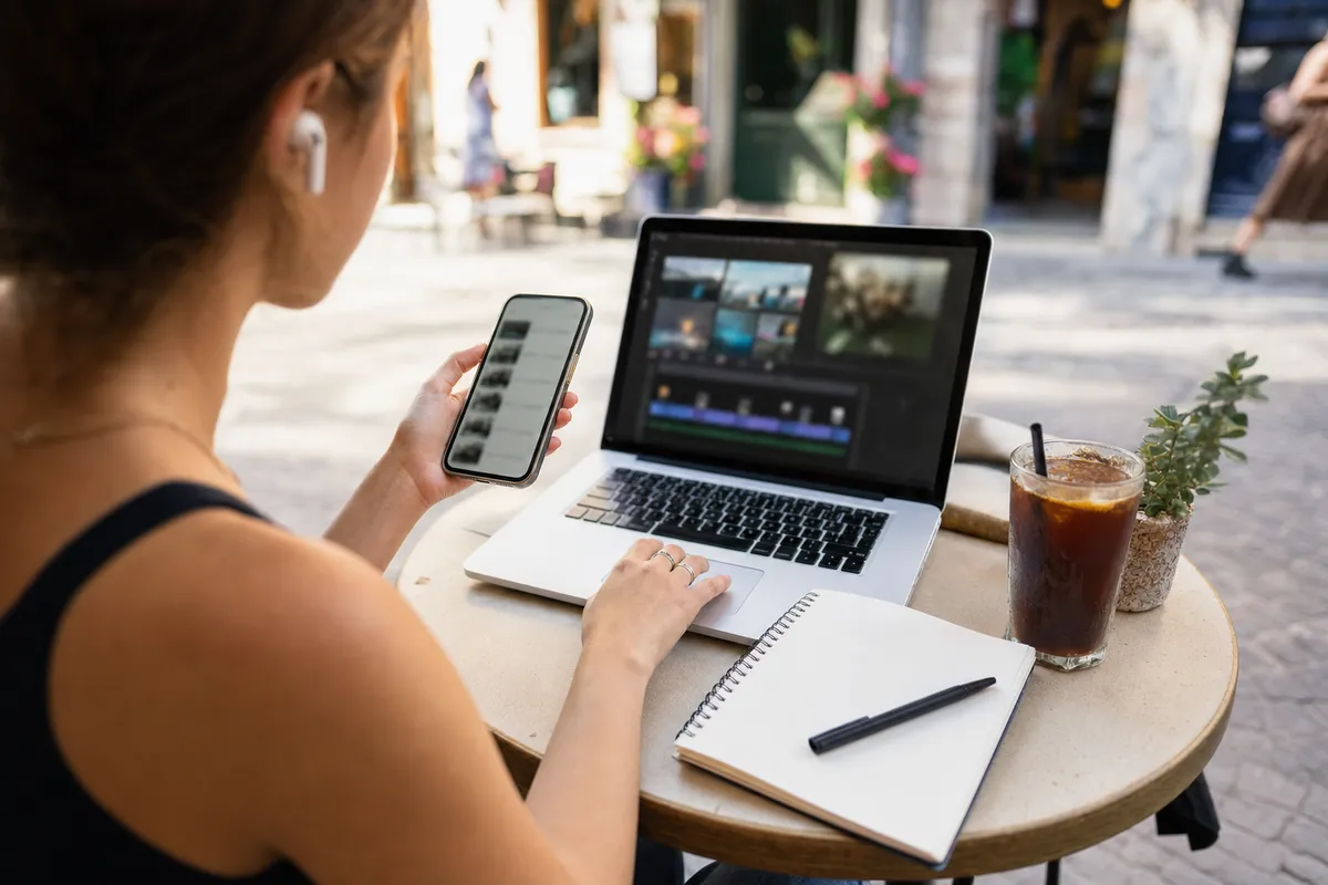 Persona a un tavolino all’aperto che lavora con smartphone e laptop, con taccuino e caffè freddo