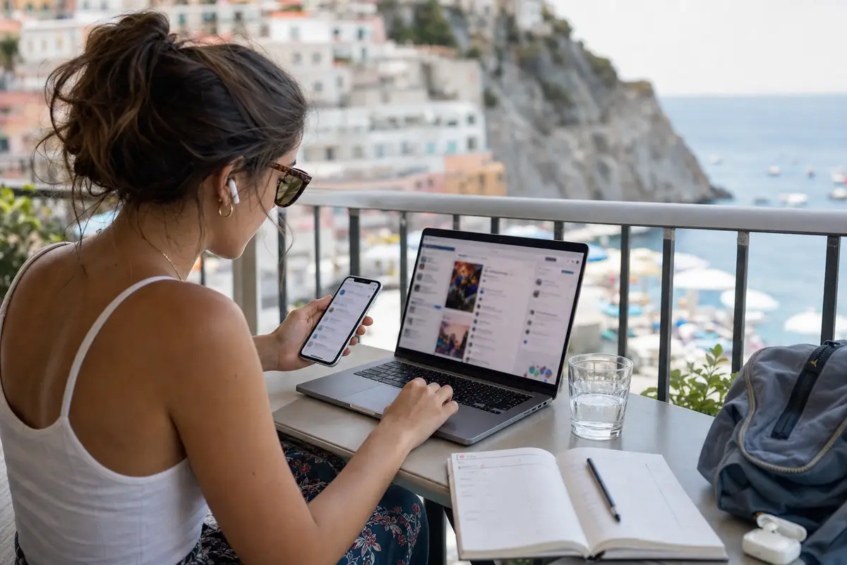 Giovane al computer con smartphone su un balcone vista mare, con quaderno, penna e bicchiere d’acqua sul tavolo