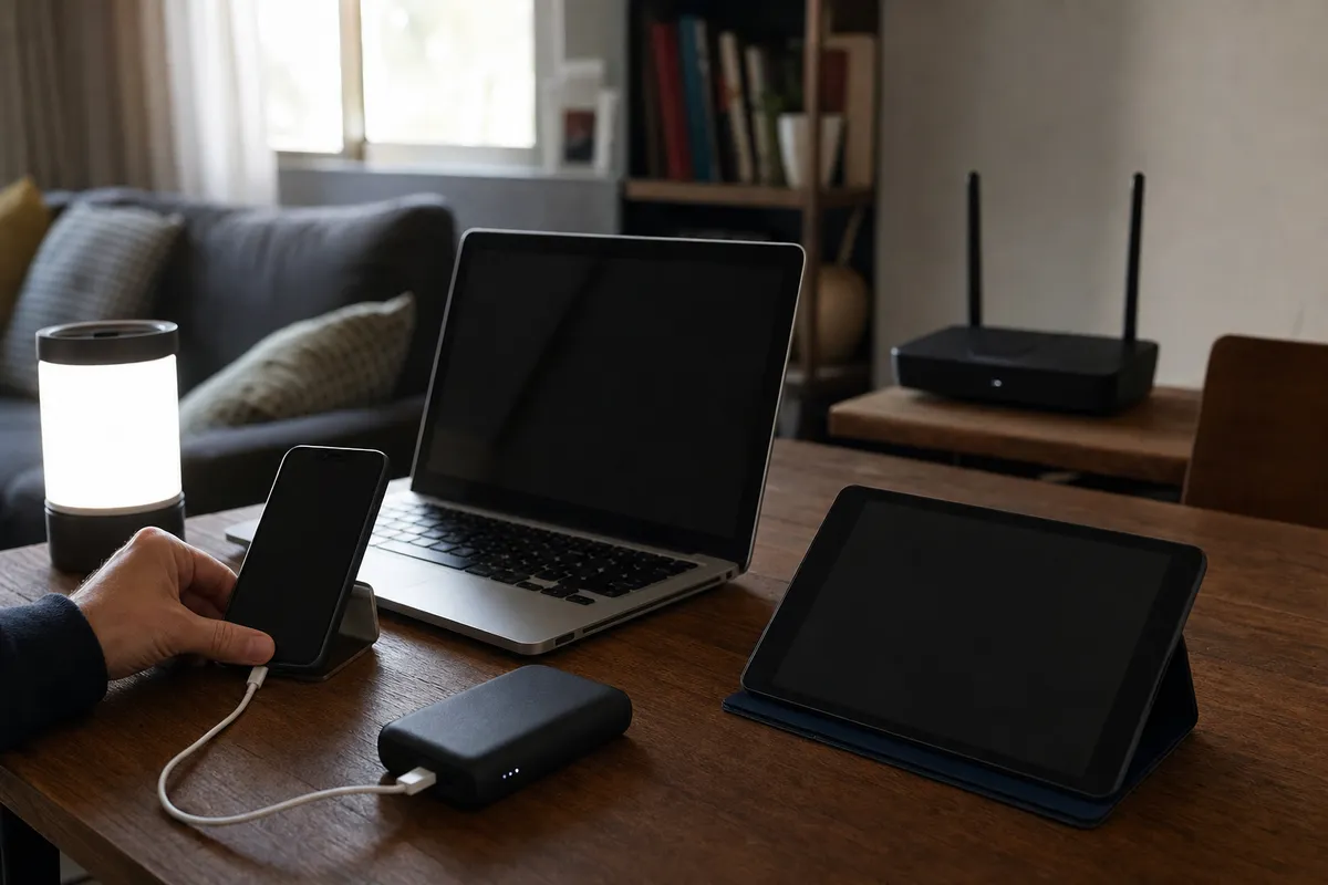 Smartphone collegato a un power bank accanto a laptop e tablet su un tavolo, con lampada e router sullo sfondo