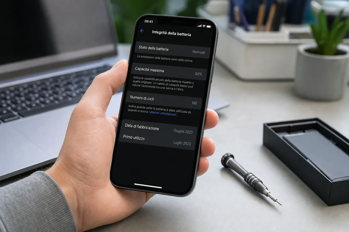 Smartphone in mano con schermata “Integrità della batteria” che mostra “Data di fabbricazione: Giugno 2023