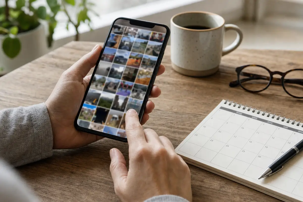Mani che scorrono una galleria di foto sullo smartphone su un tavolo con tazza di caffè, occhiali e calendario