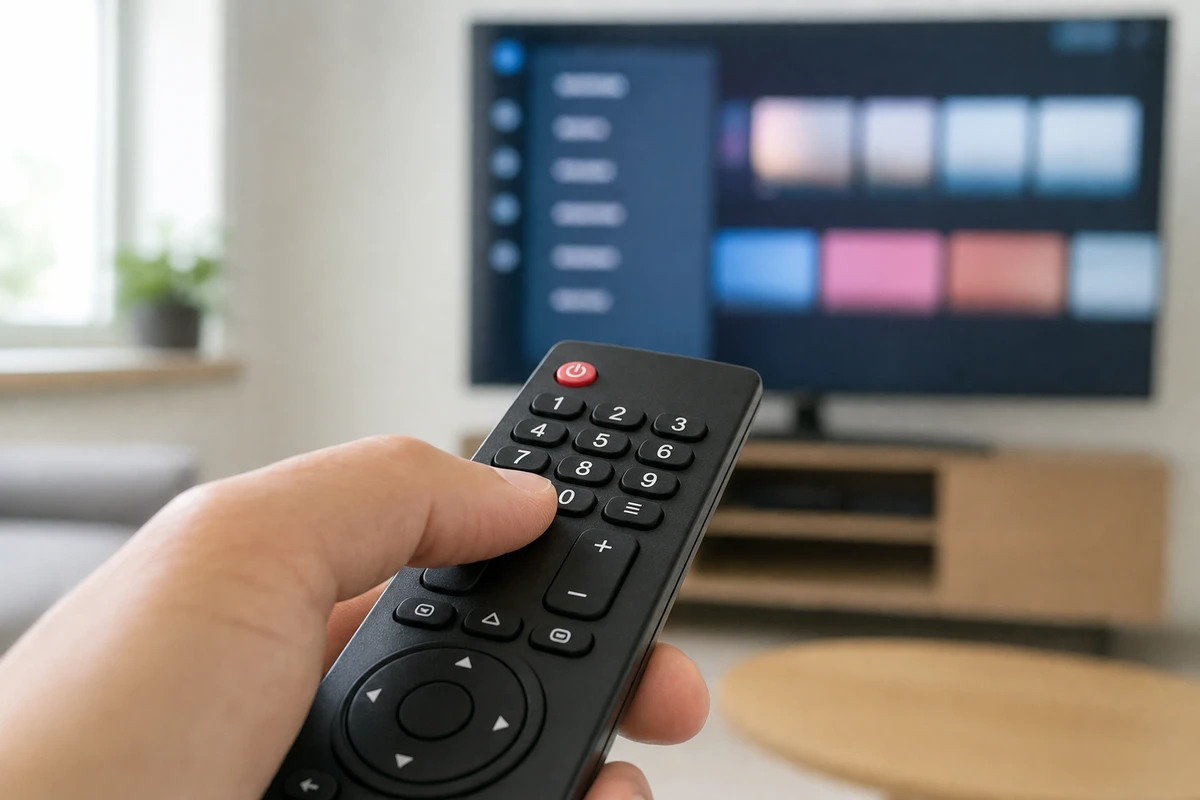 Mano che preme il tasto 0 su un telecomando, con smart TV sfocata e menu in background
