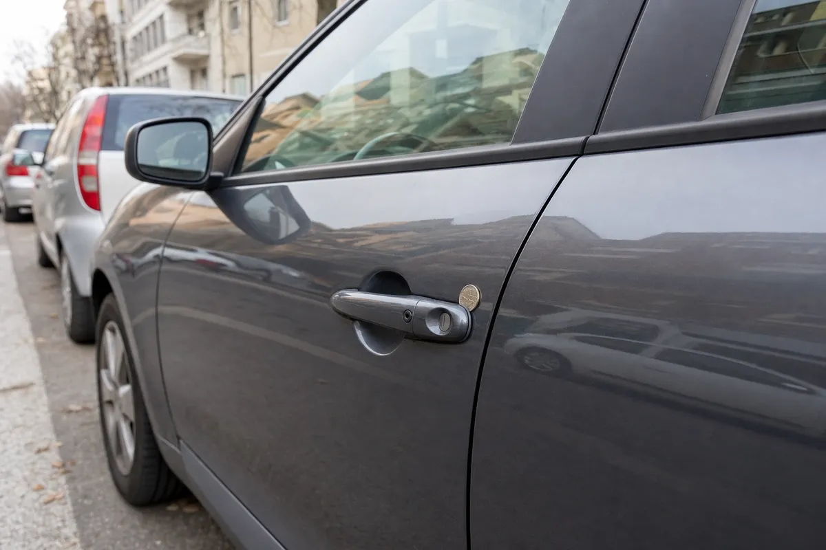 Moneta incastrata vicino alla maniglia della portiera di un’auto parcheggiata in strada