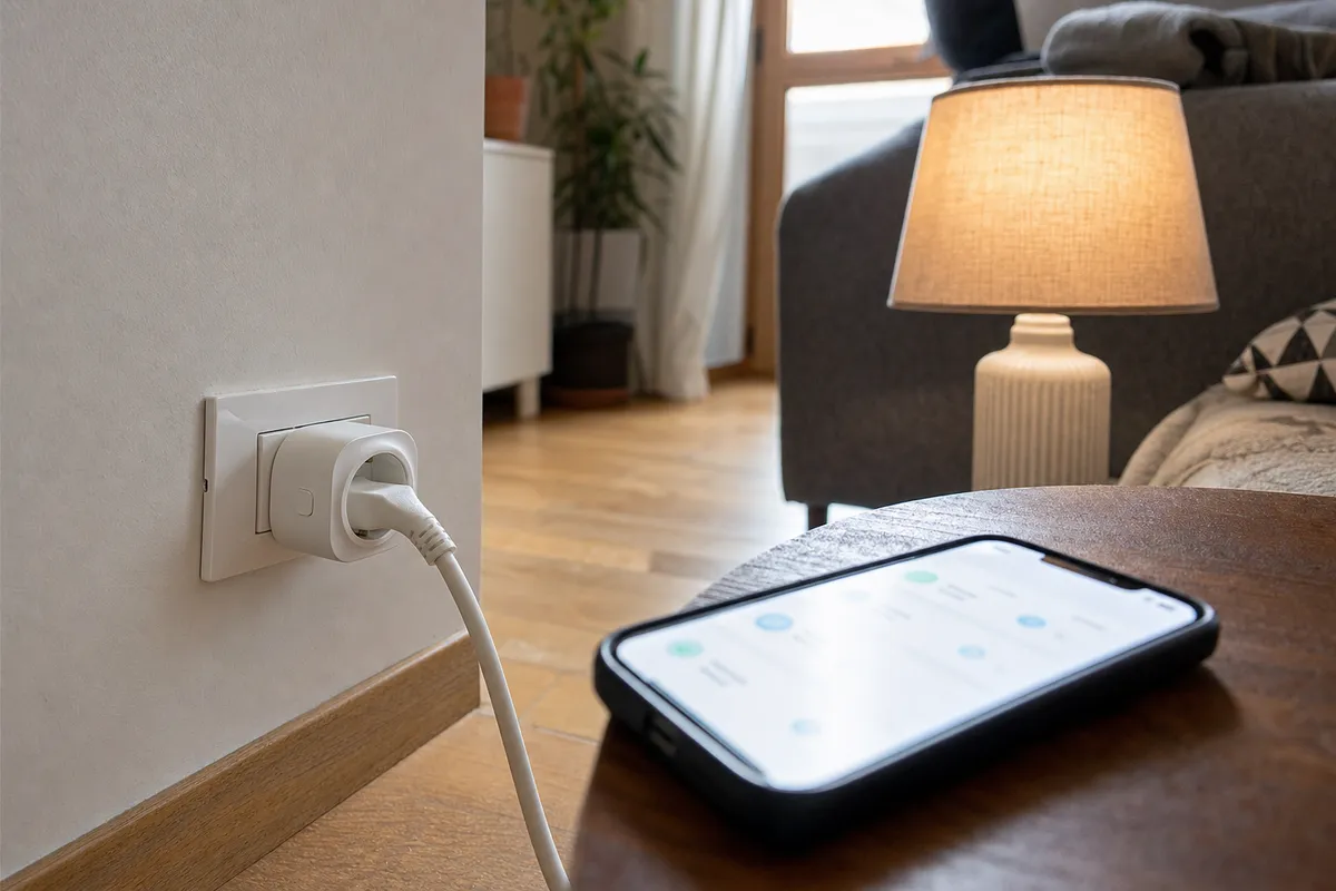 Presa smart bianca inserita nella presa a muro, con cavo collegato e smartphone su un tavolino accanto a una lampada accesa