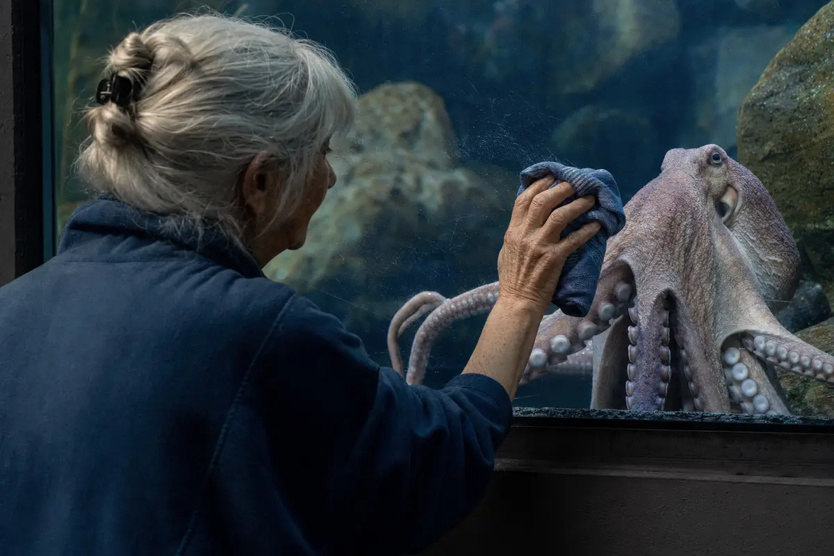 Donna anziana pulisce il vetro di un acquario mentre un polpo la osserva dall’altra parte