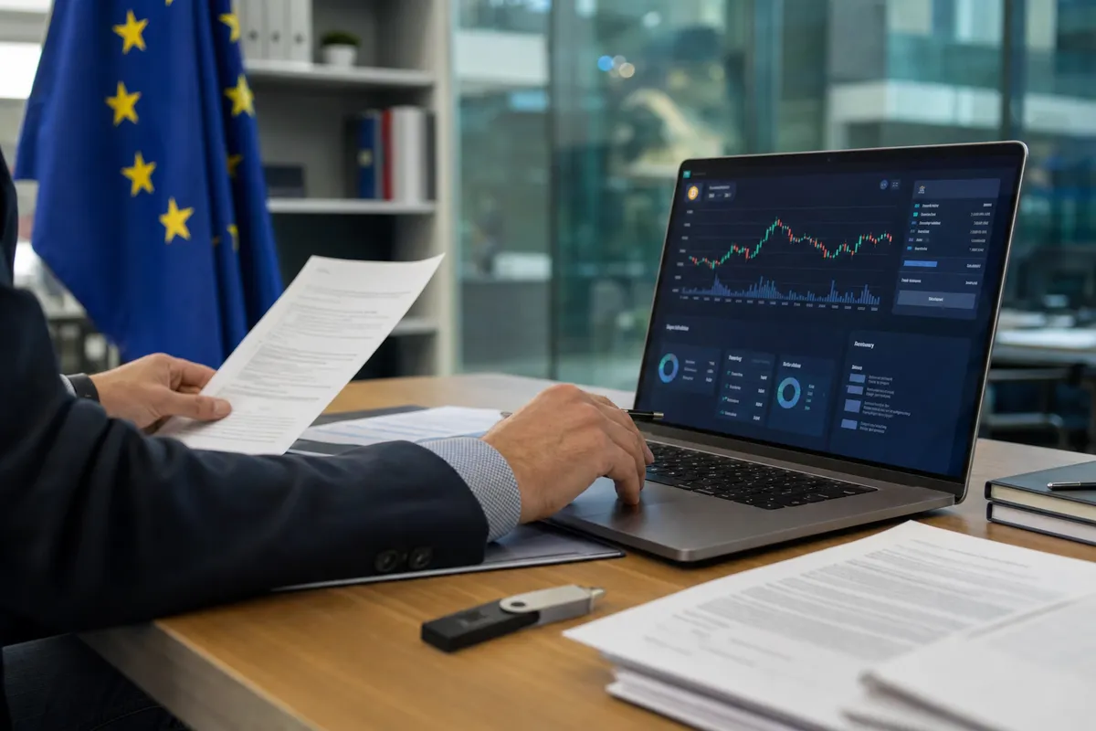 Mani di un addetto compliance con documenti e laptop con grafico di mercato cripto, bandiera Ue sullo sfondo