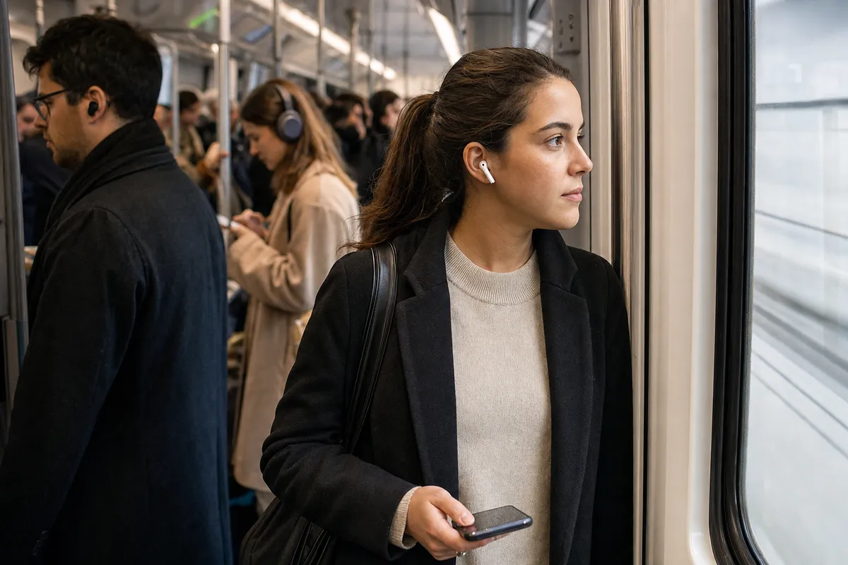 Donna con auricolari wireless bianchi in metropolitana, con smartphone in mano, mentre guarda fuori dal finestrino