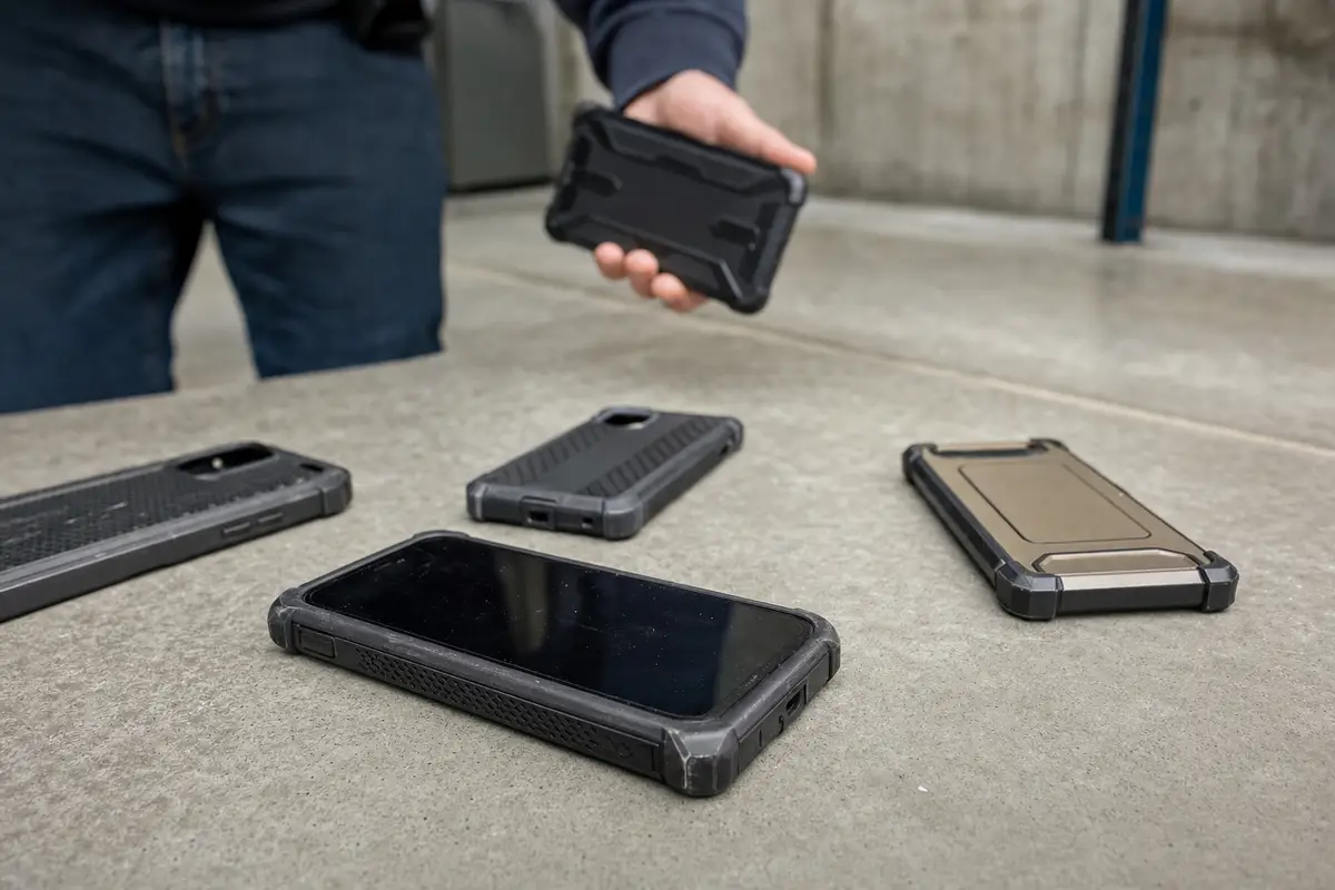 Smartphone in custodia rugged su pavimento in cemento, con altre cover protettive e una mano sullo sfondo