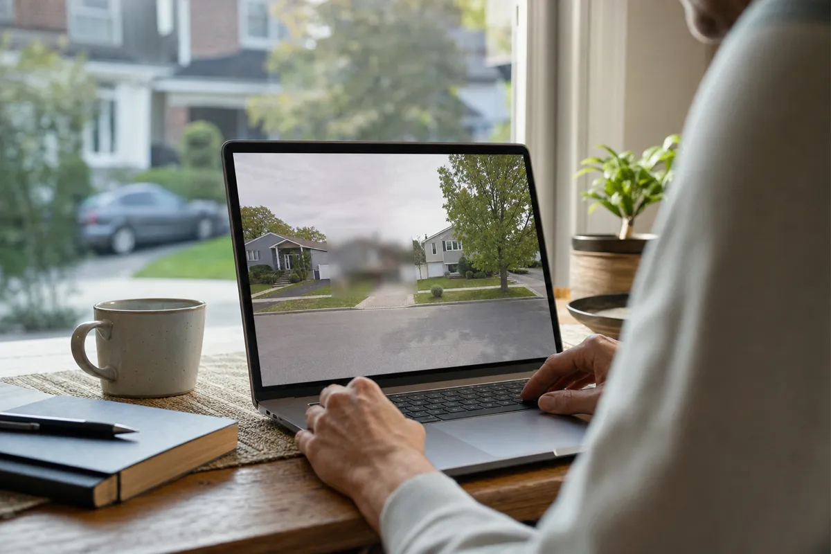 Persona al computer con una vista stradale sullo schermo e una casa sfocata, su un tavolo vicino alla finestra