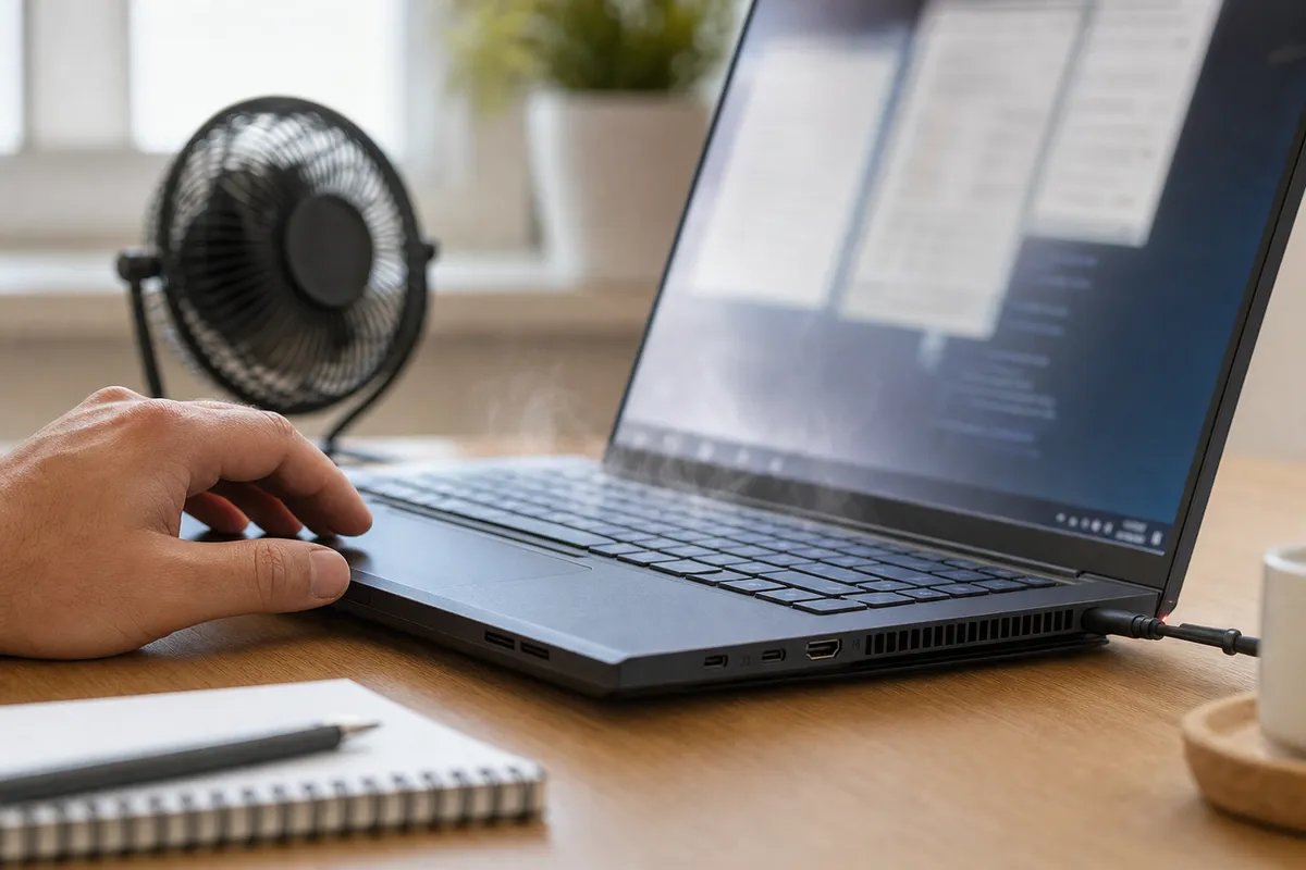 Laptop acceso su scrivania con mano sul touchpad, ventole laterali e piccolo ventilatore da tavolo sullo sfondo