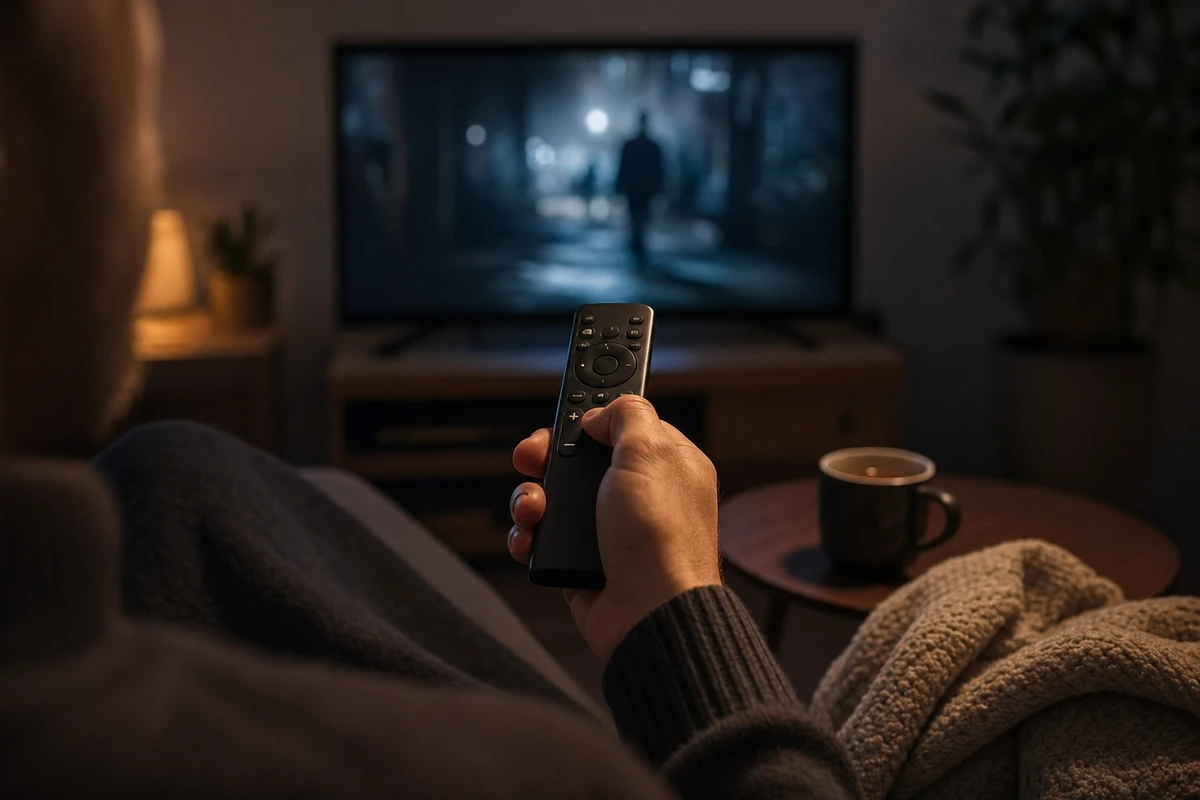 Mano con telecomando puntato verso la TV in un salotto serale, con tazza e coperta sul divano