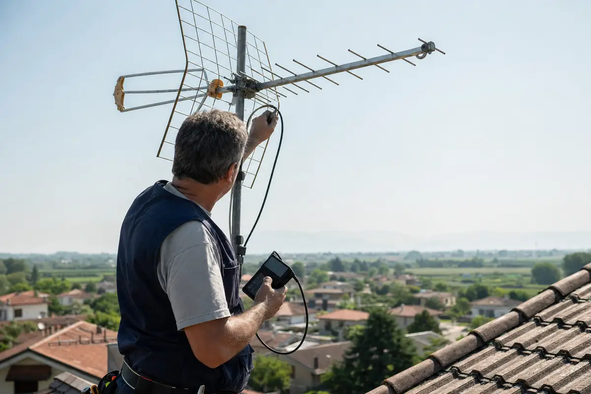 Tecnico sul tetto controlla un’antenna TV con un misuratore, con case e campagna sullo sfondo