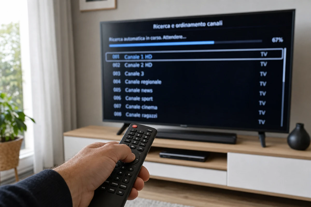 Mano con telecomando puntato verso TV con schermata di ricerca e ordinamento canali e barra di avanzamento