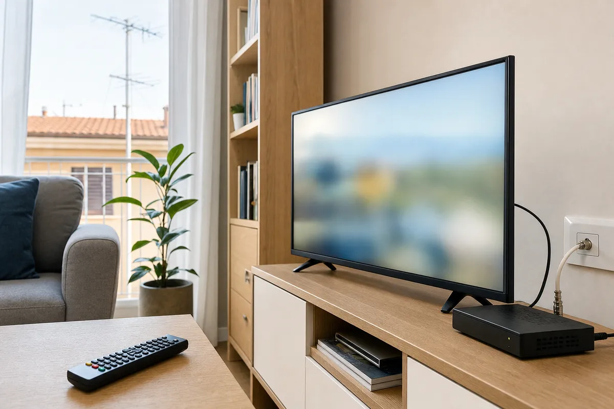 TV in salotto con decoder esterno, telecomando sul tavolino e cavo antenna collegato alla presa