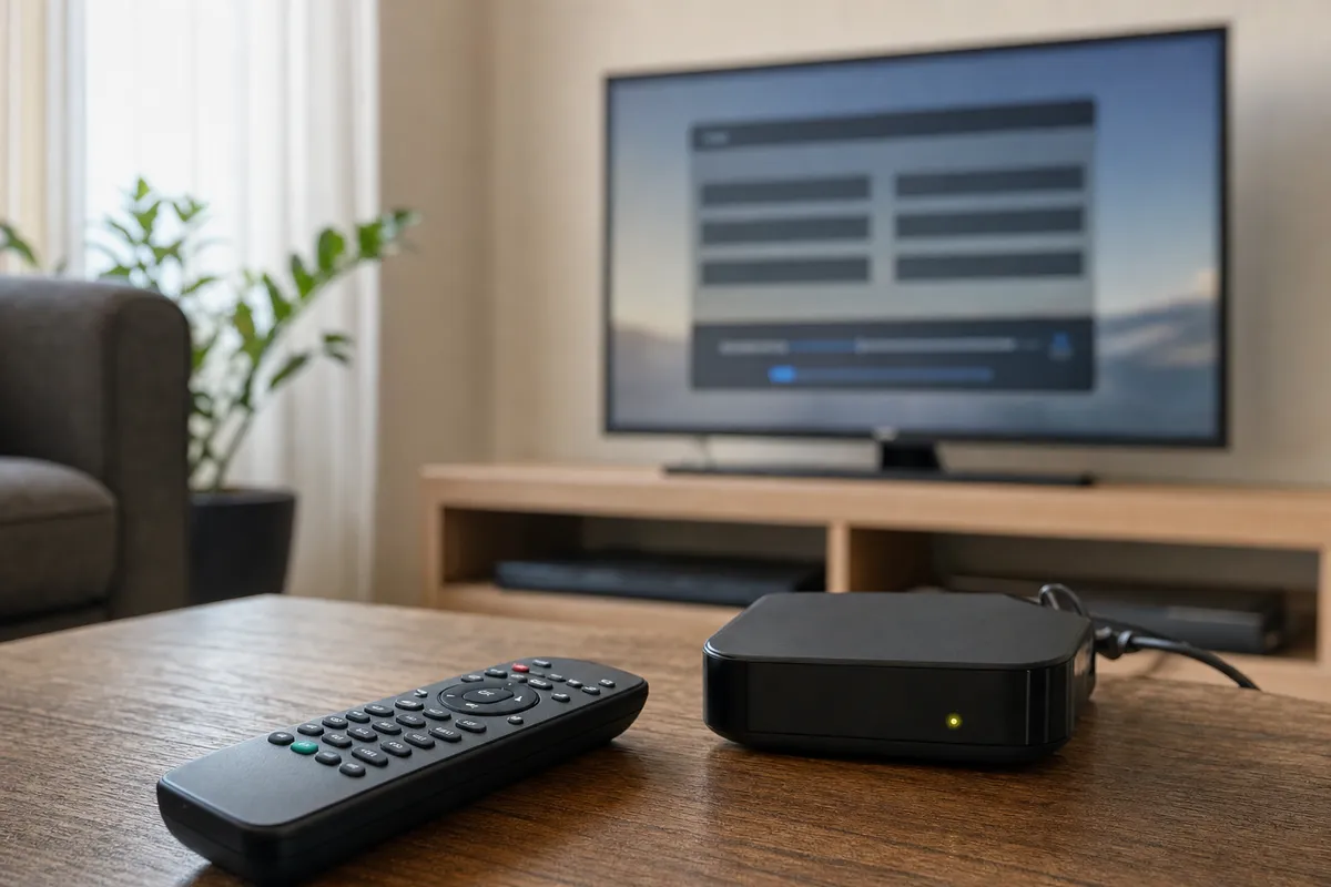 Telecomando e decoder TV su tavolino, con televisore sfocato su schermata di ricerca canali