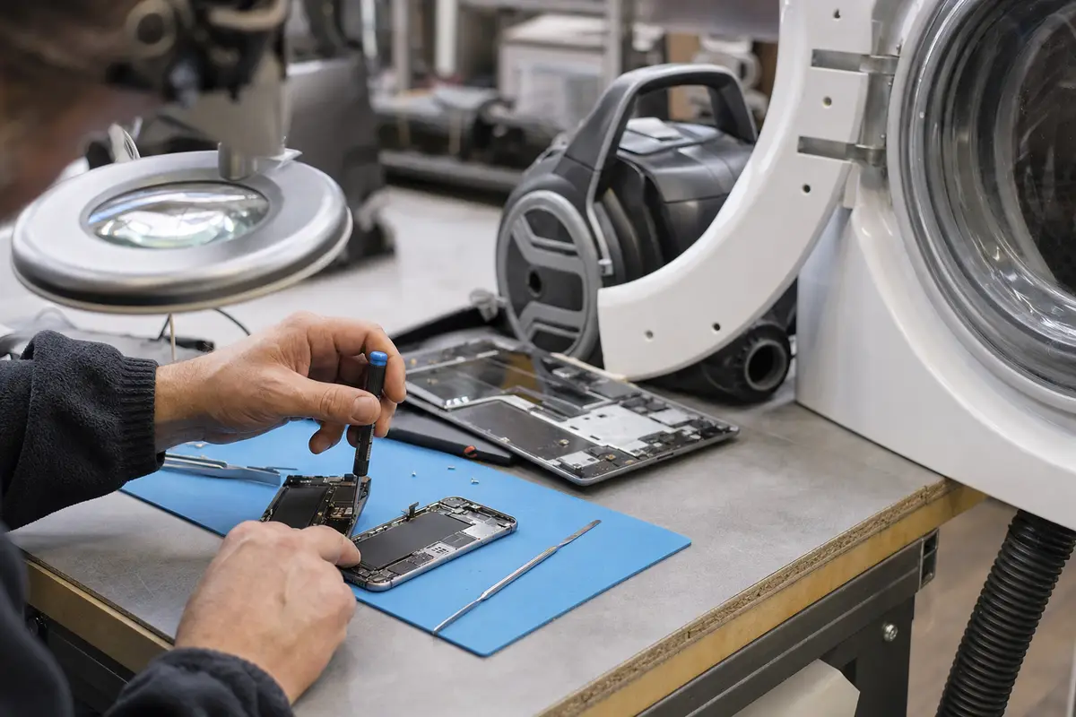 Mani di un tecnico riparano uno smartphone aperto su banco da lavoro, con utensili e una lavatrice sullo sfondo