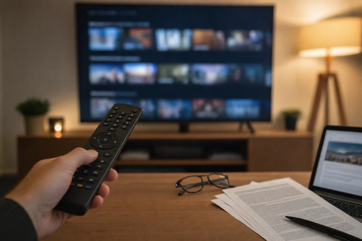 Telecomando in mano davanti a una TV con interfaccia streaming sfocata, con documenti e occhiali sul tavolo