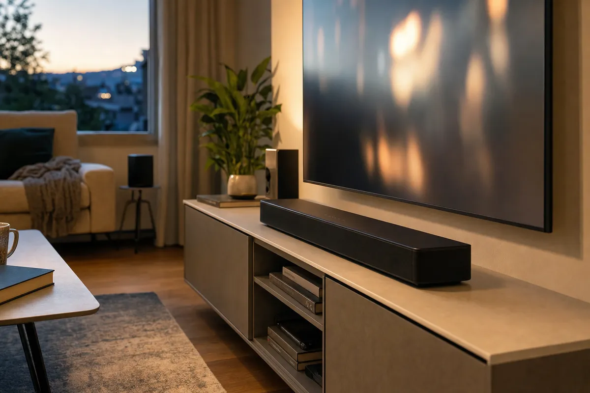 Soundbar nera sotto una TV a schermo piatto su mobile basso, salotto moderno senza cavi visibili
