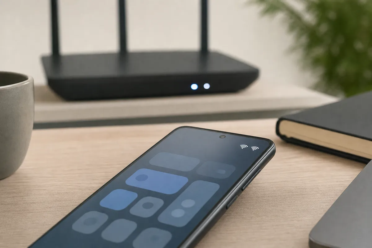 Smartphone su scrivania con doppia icona Wi‑Fi sul display e router sfocato sullo sfondo