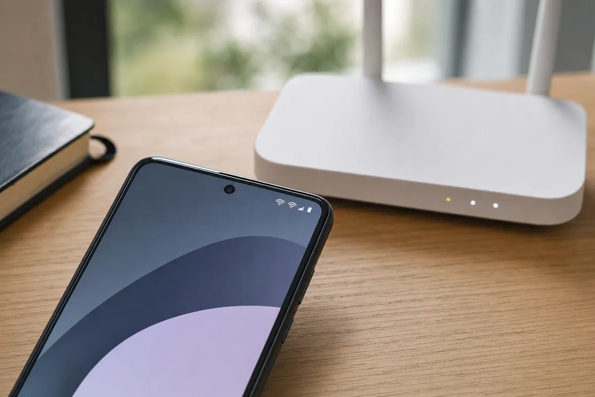 Smartphone su scrivania con doppia icona Wi‑Fi nella barra di stato, router domestico sfocato sullo sfondo
