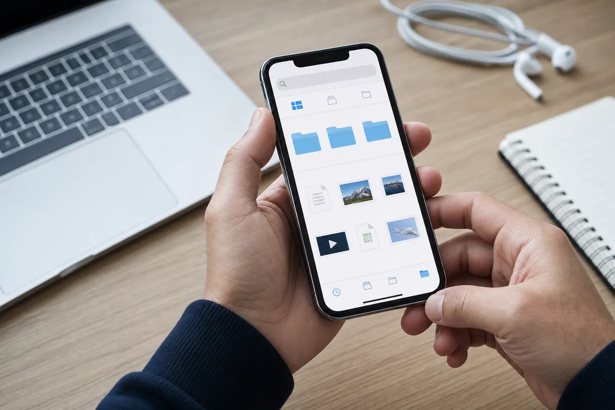 Mani che usano uno smartphone con interfaccia tipo File, cartelle e anteprime su scrivania con laptop