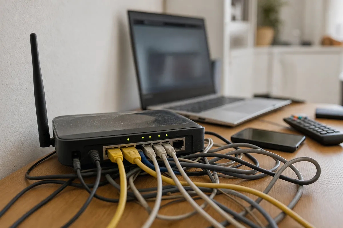 Vecchio router Wi‑Fi impolverato con molti cavi Ethernet collegati, laptop sfocato sullo sfondo e smartphone sul tavolo