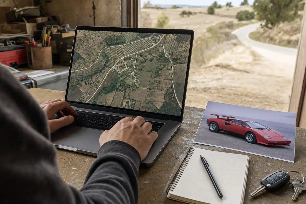Mani su un laptop con mappa satellitare rurale, accanto foto di una supercar rossa, taccuino e chiavi