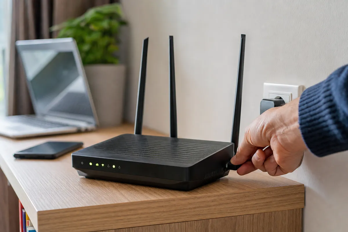 Mano che scollega l’alimentazione di un router Wi‑Fi con antenne su un ripiano, con laptop e smartphone sfocati sullo sfondo