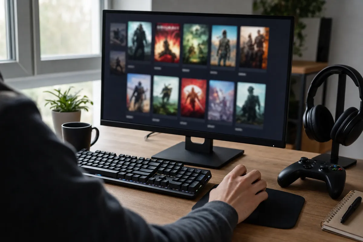 Scrivania da gaming con monitor che mostra una libreria di giochi, mano sul mouse, tastiera, cuffie e controller