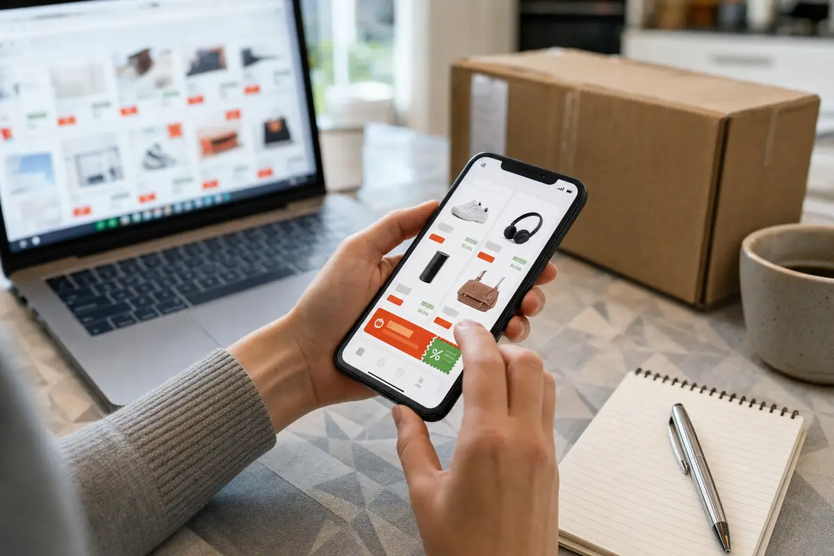 Mani che scorrono offerte e coupon su uno smartphone, con laptop sfocato, pacco di cartone e taccuino sul tavolo