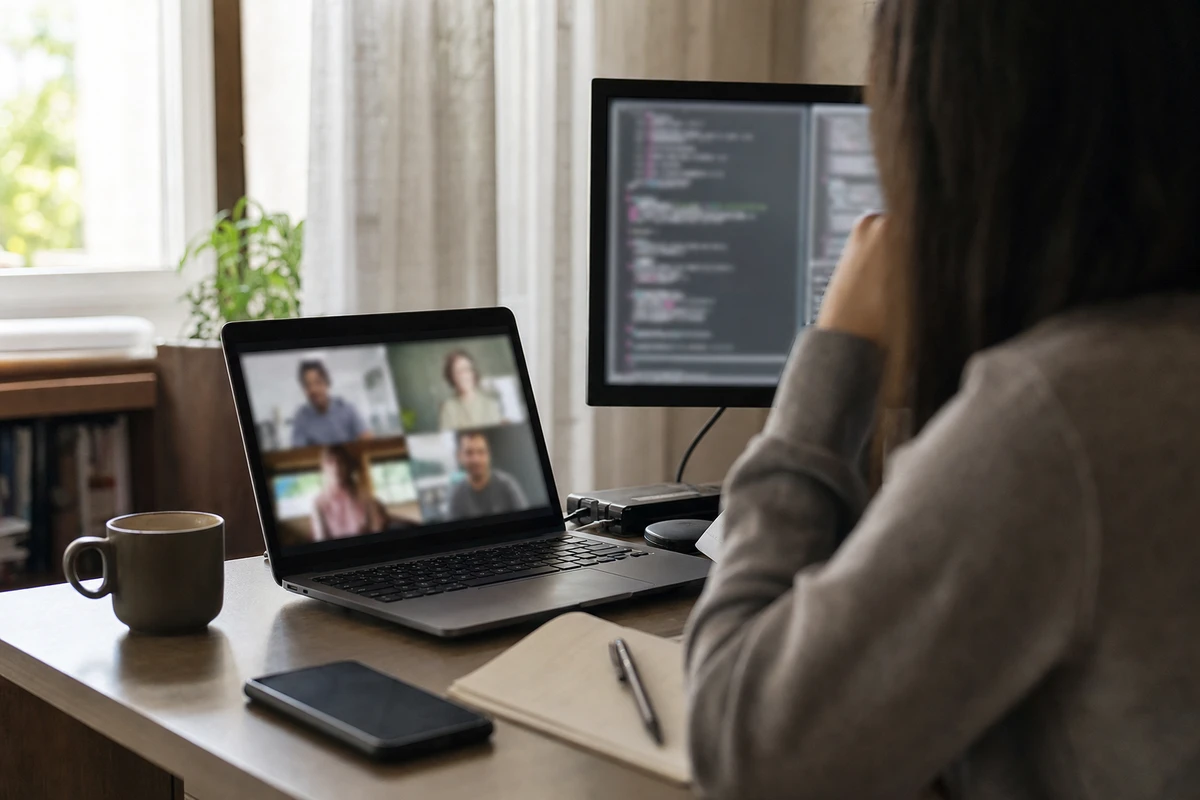 Persona in home office davanti a un laptop con videocall e un monitor con codice sfocato, tazza e taccuino sulla scrivania