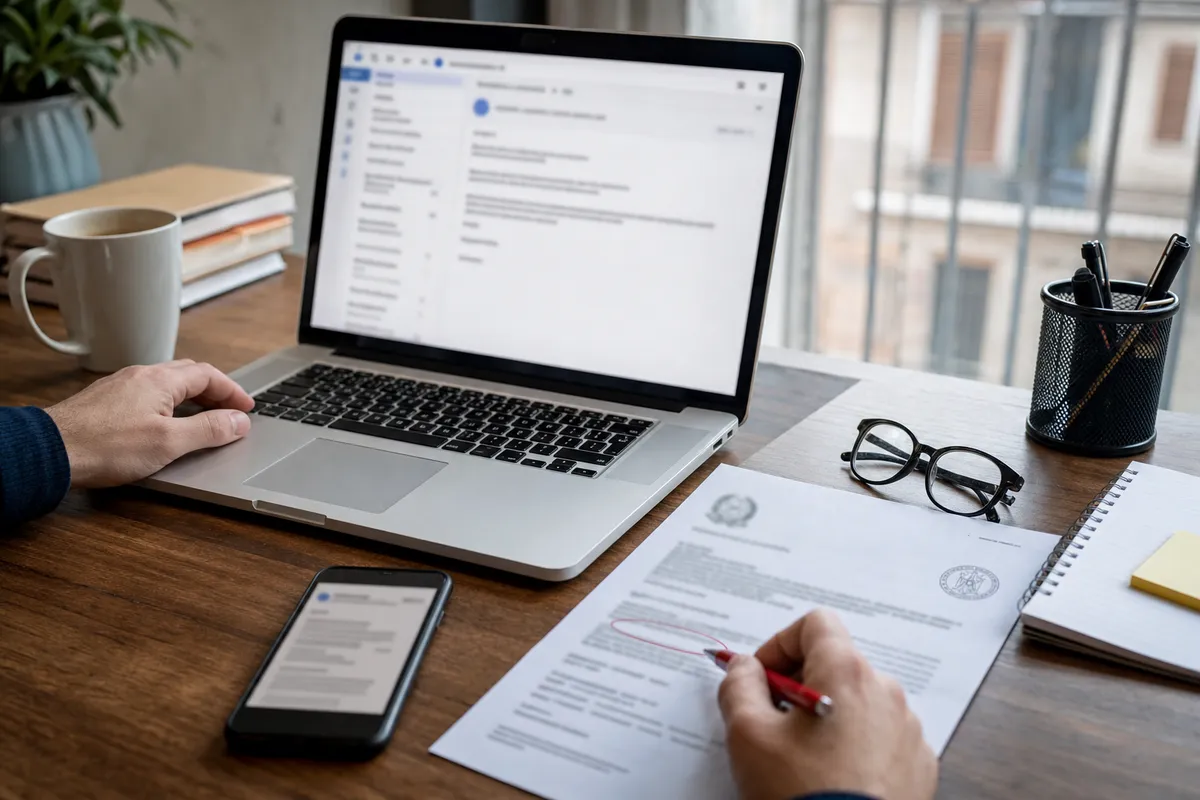 Scrivania con laptop e smartphone su email sfocata, foglio tipo notifica con timbro e riga cerchiata in rosso