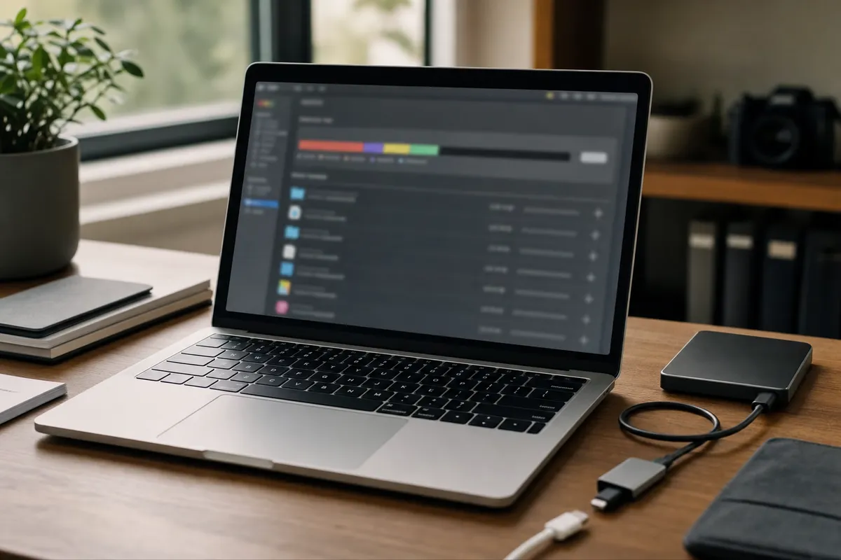 Laptop su scrivania con schermata di gestione archiviazione sfocata, SSD esterno e cavi accanto