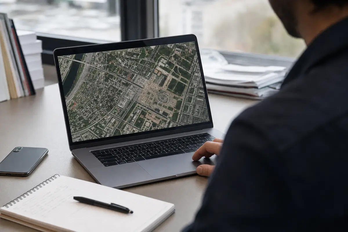 Persona alla scrivania osserva un laptop con mappa satellitare, con smartphone e taccuino accanto