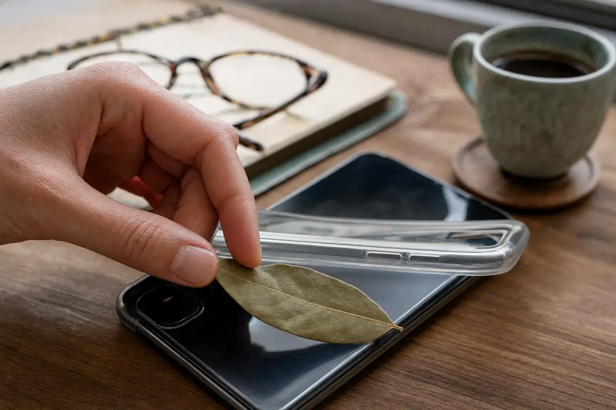 Mano che inserisce una foglia di alloro in una cover trasparente su uno smartphone appoggiato su una scrivania